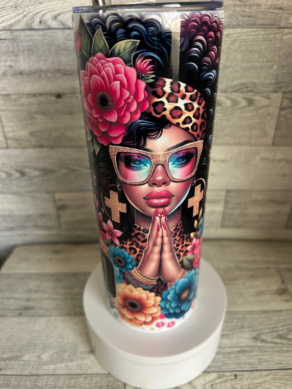 Colorful Floral Afro Woman Stainless Tumbler - Pink, Blue, Gold Accents